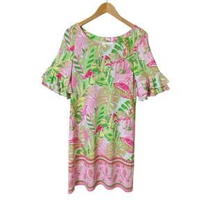 Pappagallo Pink Green Tropical Short Ruffle Sleeve Shift Dress Women's Medium